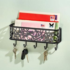 Wall Mount Metal Entryway Storage Organizer Mail Sorter Basket with 5 Hooks